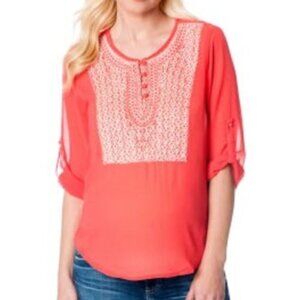COLLECTIVE CONCEPTS STITCH FIX Coral Orange Red Embroidered 3/4 Sleeve ? Blouse